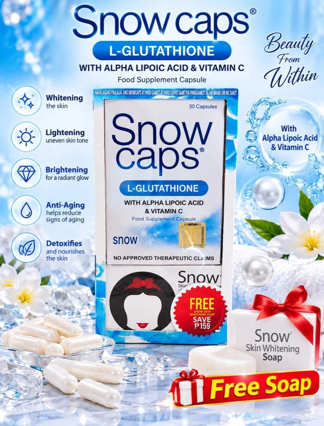 SNOWCAPS L-Glutathione 30 Caps with 1×Free Snow Whitening Soap✨️