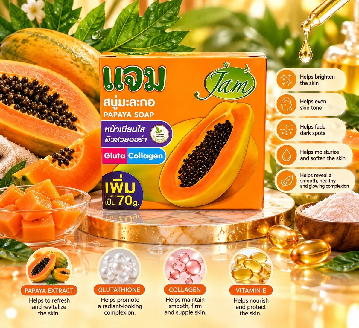 JAM Papaya Face Soap Smooth,Brightening Gluta Collagen 70g X 2pcs ✨️👌