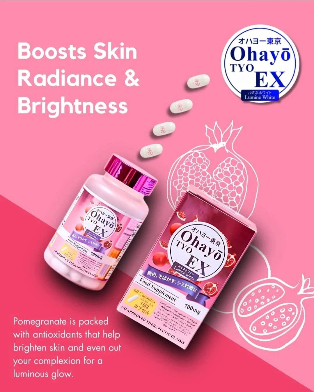 Ohayo TYO EX Lumine White Glutathione 700mg, 60 Capsules Anti-Aging & Wrinkles