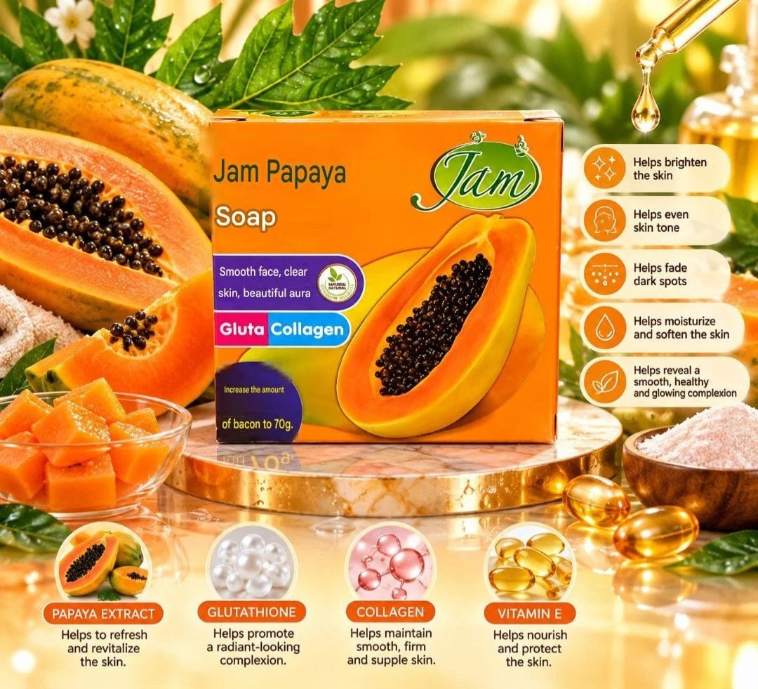 JAM Papaya Face Soap Smooth,Brightening Gluta Collagen 70g X 2pcs ✨️👌