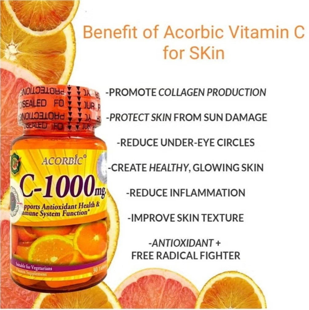 1×Acorbic C 1000 Mg Vitamin C Supplement Bright Clear Faster Whitening Original