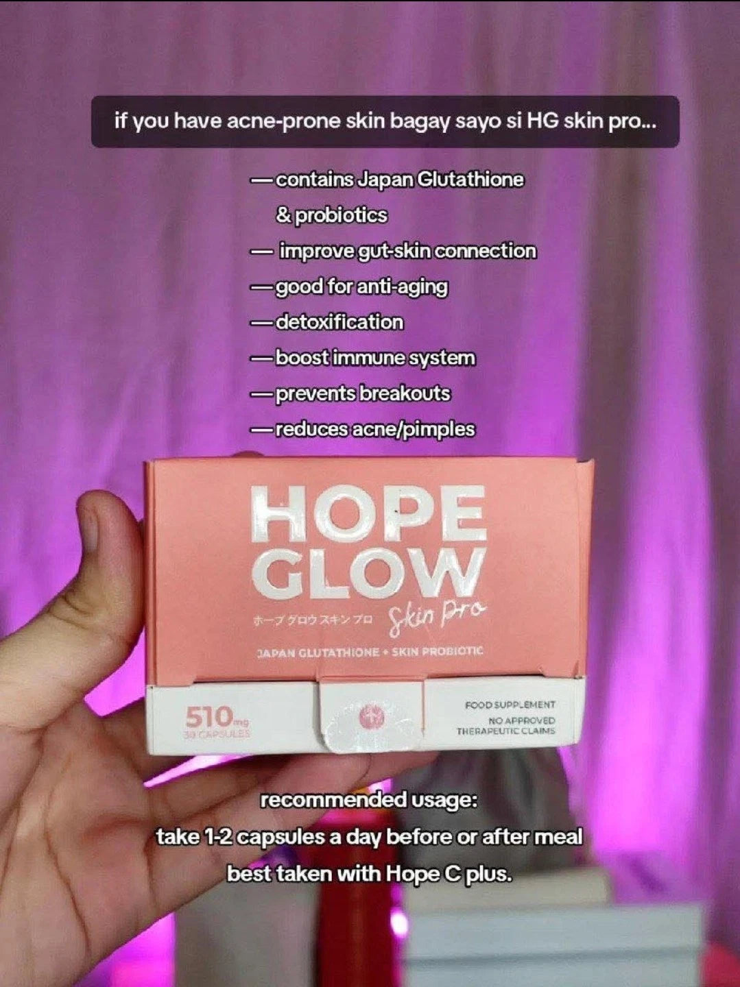 Luna Aura HOPEGLOW Skin Pro Glutathione & Probiotic 510mg, 30 Capsule
